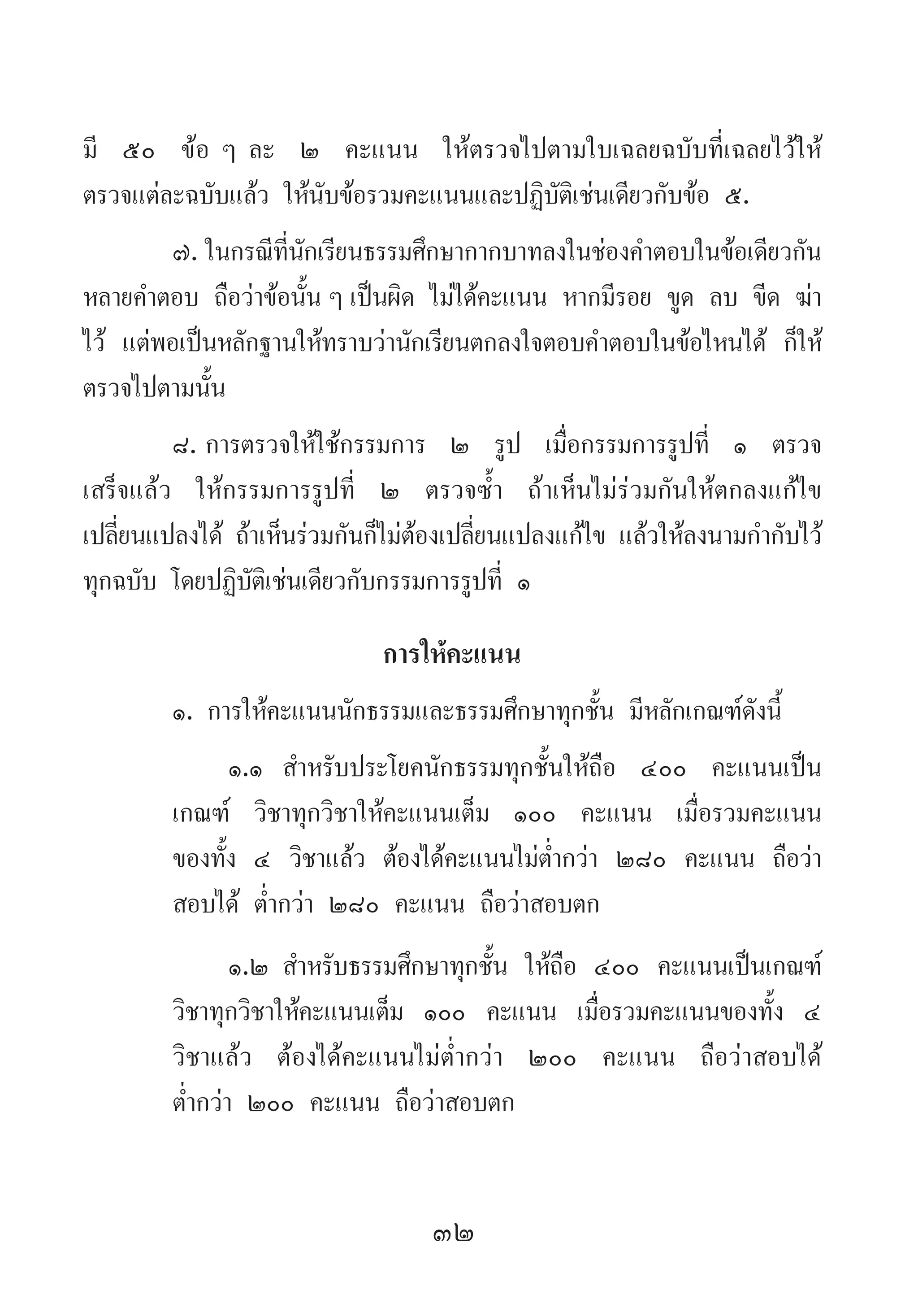 32
มี ๕๐ ข้อ ๆ ละ ๒ คะแนน ให้ตรวจไปตามใบเฉลยฉบับที่เฉลยไว้ให้
ตรวจแต่ละฉบับแล้ว ให้นับข้อรวมคะแนนและปฏิบัติเช่นเดียวกับข้อ ๕.
๗.	ในกรณีที่นักเรียนธรรมศึกษากากบาทลงในช่องค�ำตอบในข้อเดียวกัน
หลายค�ำตอบ ถือว่าข้อนั้น ๆ เป็นผิด ไม่ได้คะแนน หากมีรอย ขูด ลบ ขีด ฆ่า
ไว้ แต่พอเป็นหลักฐานให้ทราบว่านักเรียนตกลงใจตอบค�ำตอบในข้อไหนได้ ก็ให้
ตรวจไปตามนั้น
๘.	การตรวจให้ใช้กรรมการ ๒ รูป เมื่อกรรมการรูปที่ ๑ ตรวจ
เสร็จแล้ว ให้กรรมการรูปที่ ๒ ตรวจซ�้ำ  ถ้าเห็นไม่ร่วมกันให้ตกลงแก้ไข
เปลี่ยนแปลงได้ ถ้าเห็นร่วมกันก็ไม่ต้องเปลี่ยนแปลงแก้ไข แล้วให้ลงนามก�ำกับไว้
ทุกฉบับ โดยปฏิบัติเช่นเดียวกับกรรมการรูปที่ ๑
การให้คะแนน
๑.	การให้คะแนนนักธรรมและธรรมศึกษาทุกชั้น มีหลักเกณฑ์ดังนี้
๑.๑	 ส�ำหรับประโยคนักธรรมทุกชั้นให้ถือ ๔๐๐ คะแนนเป็น
เกณฑ์ วิชาทุกวิชาให้คะแนนเต็ม ๑๐๐ คะแนน เมื่อรวมคะแนน
ของทั้ง ๔ วิชาแล้ว ต้องได้คะแนนไม่ต�่ำกว่า ๒๘๐ คะแนน ถือว่า
สอบได้ ต�่ำกว่า ๒๘๐ คะแนน ถือว่าสอบตก
๑.๒	ส�ำหรับธรรมศึกษาทุกชั้น ให้ถือ ๔๐๐ คะแนนเป็นเกณฑ์
วิชาทุกวิชาให้คะแนนเต็ม ๑๐๐ คะแนน เมื่อรวมคะแนนของทั้ง ๔
วิชาแล้ว ต้องได้คะแนนไม่ต�่ำกว่า ๒๐๐ คะแนน ถือว่าสอบได้
ต�่ำกว่า ๒๐๐ คะแนน ถือว่าสอบตก
 