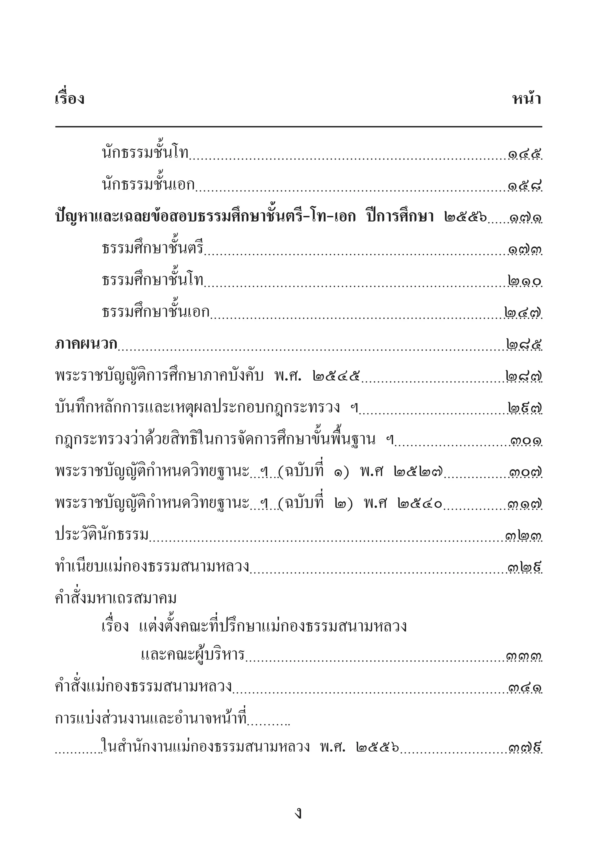 เรื่อง			 หน้า
	 นักธรรมชั้นโท1๔๕
	 นักธรรมชั้นเอก1๕๘
ปัญหาและเฉลยข้อสอบธรรมศึกษาชั้นตรี-โท-เอก ปีการศึกษา ๒๕๕๖171
	 ธรรมศึกษาชั้นตรี17๓
	 ธรรมศึกษาชั้นโท๒๑๐
	 ธรรมศึกษาชั้นเอก๒๔๗
ภาคผนวก285
พระราชบัญญัติการศึกษาภาคบังคับ พ.ศ. ๒๕๔๕287
บันทึกหลักการและเหตุผลประกอบกฎกระทรวง ฯ297
กฎกระทรวงว่าด้วยสิทธิในการจัดการศึกษาขั้นพื้นฐาน ฯ301
พระราชบัญญัติก�ำหนดวิทยฐานะ ฯ (ฉบับที่ ๑) พ.ศ ๒๕๒๗307
พระราชบัญญัติก�ำหนดวิทยฐานะ ฯ (ฉบับที่ ๒) พ.ศ ๒๕๔๐317
ประวัตินักธรรม323
ท�ำเนียบแม่กองธรรมสนามหลวง329
ค�ำสั่งมหาเถรสมาคม
	 เรื่อง แต่งตั้งคณะที่ปรึกษาแม่กองธรรมสนามหลวง
	     และคณะผู้บริหาร333
ค�ำสั่งแม่กองธรรมสนามหลวง341
การแบ่งส่วนงานและอ�ำนาจหน้าที่	
	 ในส�ำนักงานแม่กองธรรมสนามหลวง พ.ศ. ๒๕๕๖379
ง
 