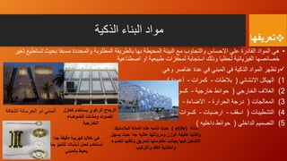 ‫الذكية‬ ‫البناء‬ ‫مواد‬
‫تعر‬‫ي‬‫فها‬
•‫مسبق‬ ‫والمحددة‬ ‫المطلوبة‬ ‫بالطريقة‬ ‫بها‬ ‫المحيطة‬ ‫البيئة‬ ‫مع‬ ‫والتجاوب‬ ‫االحساس‬ ‫علي‬ ‫القادرة‬ ‫المواد‬ ‫هي‬‫تغير‬ ‫تستطيع‬ ‫بحيث‬ ‫ا‬
‫اصطناعية‬ ‫او‬ ‫طبيعية‬ ‫لمحفزات‬ ‫استجابة‬ ‫وذلك‬ ‫لحظيا‬ ‫الفيزيائية‬ ‫خصائصها‬
‫وهي‬ ‫عناصر‬ ‫عدة‬ ‫في‬ ‫المبني‬ ‫في‬ ‫الذكية‬ ‫المواد‬ ‫وتظهر‬
(1‫االنشائي‬ ‫الهيكل‬(‫بالطات‬–‫كمرات‬–‫أعمدة‬)
(2‫الخارجي‬ ‫الغالف‬(‫خارجية‬ ‫حوائط‬–‫خارجية‬ ‫كسوات‬)
(3‫المعالجات‬(‫الحرارة‬ ‫درجة‬–‫االضاءة‬–‫التهوية‬)
(4‫التشطيبات‬(‫اسقف‬–‫ارضيات‬–‫داخلية‬ ‫كسوات‬)
(5‫الداخلي‬ ‫التصميم‬(‫داخليه‬ ‫حوائط‬)
‫الشفافة‬ ‫الخرسانة‬ ‫ذو‬ ‫المبني‬ ‫كعازل‬ ‫يستخدم‬ ‫الرغوي‬ ‫الزجاج‬
‫للضوضاء‬ ‫ومشتت‬ ‫للصوت‬
‫الخارجية‬
‫جدا‬ ‫دقيقة‬ ‫كهربية‬ ‫خاليا‬ ‫هي‬
‫للتنبؤ‬ ‫ذبذبات‬ ‫لعمل‬ ‫تستخدم‬‫بما‬
‫بالمبني‬ ‫يحيط‬
‫مادة‬( etfe)‫البالستيك‬ ‫المادة‬ ‫هذه‬ ‫تشبه‬ ‫حيث‬
‫يس‬ ‫حيث‬ ‫جدا‬ ‫عاليه‬ ‫ومرونتها‬ ‫الوزن‬ ‫خفيفة‬ ‫ولكنها‬‫هل‬
‫لل‬ ‫ونقلها‬ ‫للحريق‬ ‫مقاومتها‬ ‫بجانب‬ ‫فيها‬ ‫التشكيل‬‫ضوء‬
‫والتركيب‬ ‫الفك‬ ‫وامكانية‬
 