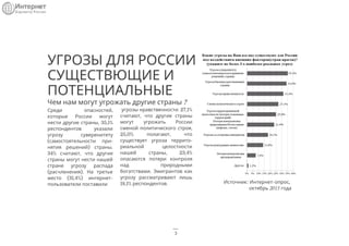 УГРОЗЫ ДЛЯ РОССИИ
СУЩЕСТВЮЩИЕ И
ПОТЕНЦИАЛЬНЫЕ
Чем нам могут угрожать другие страны ?
Среди опасностей,
которые России могу...