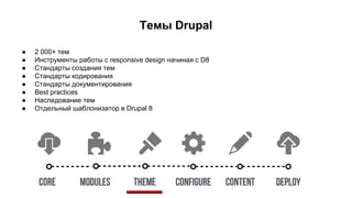 Темы Drupal
● 2 000+ тем
● Инструменты работы с responsive design начиная с D8
● Стандарты создания тем
● Стандарты кодирования
● Стандарты документирования
● Best practices
● Наследование тем
● Отдельный шаблонизатор в Drupal 8
 