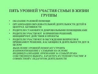 ПЯТЬ УРОВНЕЙ УЧАСТИЯ СЕМЬИ В ЖИЗНИ
ГРУППЫ
• ОКАЗАНИЕ РАЗОВОЙ ПОМОЩИ
• ОРГАНИЗАЦИЯ ОБРАЗОВАТЕЛЬНОЙ ДЕЯТЕЛЬНОСТИ ДЕТЕЙ В
ЦЕНТРАХ АКТИВНОСТИ
• РОДИТЕЛИ СТАНОВЯТСЯ ДОБРОВОЛЬНЫМИ ПОМОЩНИКАМИ
• РОДИТЕЛИ УЧАСТВУЮТ В ПРИНЯТИИ РЕШЕНИЙ,
ИНИЦИИРУЮТ ДЕЙСТВИЯ И ПРОЕКТЫ
• РОДИТЕЛИ УЧАСТВУЮТ В ОБСУЖДЕНИИ ВОПРОСОВ И
ПРИНИАМЮТ РЕШЕНИЕ, КАСАЮЩИЕСЯ ДЕЯТЕЛЬНОСТИ ДОУ В
ЦЕЛОМ
ВЫДЕЛЕНИЕ УРОВНЕЙ ПОМОГАЕТ СТРОИТЬ
ВЗАИМООТНОШЕНИЕ С СЕМЬЯМИ НА ОСНОВЕ
ИНДИВИДУАЛИЗАЦИИ, ПРИЗНАНИЯ ЗА СЕМЬЕЙ ПРАВА
СОБСТВЕННОГО ВЫБОРА, ХАРАКТЕРА И СТЕПЕНИ УЧАСТИЯ В
СОВМЕСТНОЙ С ПЕДАГОГОМ ДЕЯТЕЛЬНОСТИ.
 