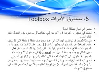 5-‫األدوات‬ ‫صندوق‬Toolbox
•‫العمل‬ ‫منطقة‬ ‫يسار‬ ‫الي‬ ‫يظهر‬
•‫والتع‬ ‫باترونك‬ ‫لرسم‬ ‫تحتاجها‬ ‫التي‬ ‫االدوات‬ ‫كل‬ ‫االدوات‬ ‫صندوق‬ ‫في‬ ‫ستجد‬‫عليه‬ ‫ديل‬
‫العمل‬ ‫أثناء‬.
•‫ت‬ ‫التي‬ ‫للوظيفة‬ ‫طبقا‬ ‫مجموعات‬ ‫عدة‬ ‫الي‬ ‫األدوات‬ ‫تقسيم‬ ‫تم‬ ‫الصندوق‬ ‫هذا‬ ‫في‬‫بها‬ ‫قوم‬.
•‫امامك‬ ‫سيظهر‬ ‫الصندوق‬ ‫على‬ ‫تضغط‬ ‫عندما‬14‫مجموعة‬.‫هذه‬ ‫احدى‬ ‫اخترت‬ ‫اذا‬
‫المجموعة‬ ‫تلك‬ ‫تحتويها‬ ‫التي‬ ‫االدوات‬ ‫من‬ ‫قائمة‬ ‫امامك‬ ‫ستفتح‬ ‫المجموعات‬.‫فع‬‫لى‬
‫عام‬ ‫تسمى‬ ‫مجموعة‬ ‫يوجد‬ ‫المثال‬ ‫سبيل‬General‫هذه‬ ،‫االدوات‬ ‫صدنوق‬ ‫في‬
‫المبد‬ ‫الباترون‬ ‫رسم‬ ‫في‬ ‫تحتاجها‬ ‫التي‬ ‫العامة‬ ‫األداوت‬ ‫على‬ ‫تحتوي‬ ‫المجموعة‬‫ئي‬.
•‫ا‬ ‫اختيار‬ ‫يمكنك‬ ‫فمثال‬ ‫االدوات‬ ‫من‬ ‫أداة‬ ‫لكل‬ ‫اختصار‬ ‫المفاتيح‬ ‫لوحة‬ ‫تعتبر‬‫رسم‬ ‫الداة‬
Draft‫الحرف‬ ‫على‬ ‫بالضغط‬D‫في‬ ‫االداة‬ ‫عن‬ ‫البحث‬ ‫من‬ ‫بدال‬ ‫المفاتيح‬ ‫لوحة‬ ‫من‬
‫االدوات‬ ‫صدنوق‬
 