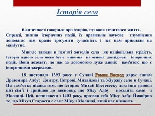 Історія села
В античності говорили про історію, що вона є вчителем життя.
Справді, знання історичних подій, їх правильне наукове тлумачення
допомагає нам краще зрозуміти сучасність і дає нам приклади на
майбутнє.
Минуле завжди в пам'яті жителів села як національна гордість.
Історія одного села може бути вивчена на основі досліджень історичних
подій. Вони доходять до нас за допомогою дуже давніх пам'яток, що є
історичними джерелами.
18 листопада 1393 року у Сучаві дарує синам
Драгомира Албу: Дмитру, Петрові, Михайлові та Жіуржіу село в Сучаві.
Ця пам’ятка цікава тим, що історик Михай Костекеску дослідив родовід
цієї сім'ї і прийшов до висновку, що Міку Албу походить саме з
Молниці. Цей, починаючи з 1403 року, прозвав себе Міку Албу. Ймовірно
те, що Міхул Старости є саме Міку з Молниці, який нас цікавить.
 