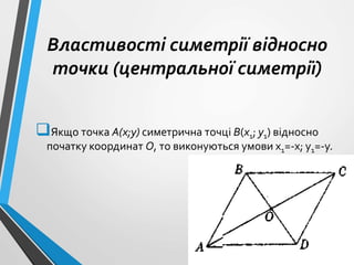 Властивості симетрії відносно
точки (центральної симетрії)
Якщо точка А(х;у) симетрична точці В(х1; у1) відносно
початку координат О, то виконуються умови х1=-х; у1=-у.
 