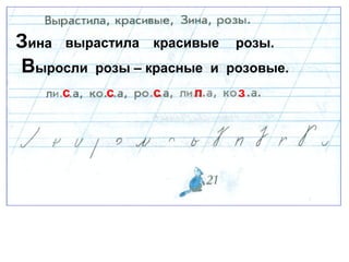 Зина вырастила красивые розы.
Выросли розы – красные и розовые.
с с с п з
 