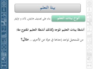 ‫امل‬ ‫التعليم‬ ‫أنشطة‬ ‫كذلك‬‫و‬ ‫املوجه‬ ‫التعليم‬ ‫بيئات‬ ‫أنشطة‬‫ا‬‫ا‬‫مع‬ ‫فتو‬:
‫األخرى‬ ‫عن‬ ‫لة‬‫ز‬‫ع‬ ‫يف‬ ‫إحداها‬ ‫اجد‬‫و‬‫ت‬ ‫املستحيل‬ ‫من‬..‫مثال؟‬
‫التعلم‬ ‫بيئة‬
‫التعلم‬ ‫بيئات‬ ‫أنواع‬‫هانيفن‬ ‫تصنيف‬ ‫على‬ ‫بناء‬,‫ليفر‬‫و‬‫ا‬ ‫و‬ ‫الند‬
 