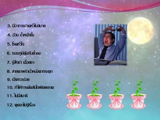 3. มีอาการปวดหัวไม่สบาย
4. อ้วน น้าหนักขึ้น
5. โรคหัวใจ
6. ระบบภูมิคุ้มกันต่าลง
7. รู้สึกช้า เฉื่อยชา
8. สายตาพร่ามัวหนังตากระตุก
9. ปัสสาวะบ่อย
10. ทาให้การตัดสินใจผิดพลาด
11. ไม่มีสมาธิ
12. พูดจาไม่รู้เรื่อง
 