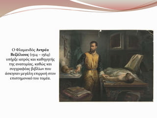 Ο Φλαμανδός Αντρέα
Βεζάλιους (1514 – 1564)
υπήρξε ιατρός και καθηγητής
της ανατομίας, καθώς και
συγγραφέας βιβλίων που
άσκησαν μεγάλη επιρροή στον
επιστημονικό του τομέα.
 