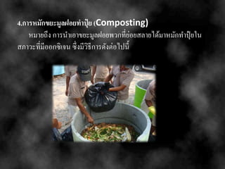4.การหมักขยะมูลฝอยทาปุ๋ ย (Composting)
หมายถึง การนาเอาขยะมูลฝอยพวกที่ย่อยสลายได้มาหมักทาปุ๋ ยใน
สภาวะที่มีออกซิเจน ซึ่งมีวิธีการดังต่อไปนี้
 
