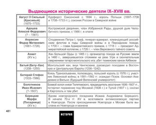 Выдающиеся исторические деятели IX—XVIII вв.
Август II Сильный
(Красивый)
(1670-1733)
Адошев
Алексей Федорович
(7-1561)
Апраксин
Федор Матвеевич
(1661-1726)
Ахмат
(XV в.)
Батый (Бату-Хан)
(1208-1255)
Баторий Стефан
(1533-1586)
Болотников
Иван Исаевич
(7-1607)
Борецкая
Марфа
(Посадница)
(XV в.)
Курфюрст Саксонский с 1694 г., король Польши (1697-1706
и 1708-1733 гг.), союзник России в Северной войне
Костромской дворянин, член Избранной Рады, душной дьяк Чело­
битного приказа; с 1566 г. в опале
Сподвижник Петра I, граф, генерал-адмирал, командующий россий­
ским флотом в годы Северной войны и в Персидском походе,
с 1700 г. - глава Адмиралтейского приказа, с 1718 г. - президент Ад­
миралтейской коллегии, с 1726 г. - член Верховного тайного совета
Хан Большой Орды (с 1465 г.), организатор похода на Русские земли
в 1480 г., завершившегося стоянием на реке Угре и окончательным
свержением татаро-монгольского ига; убит тюменским ханом Айбеком
Монгольский хан, внук Чингисхана, руководил походами в Восточ­
ную и Центральную Европу(1236-1242)
Князь Трансильвании, полководец, польский король (с 1576 г.), участ­
ник Ливонской войны; в 1581-1582 гг. осаждал Псков. Основал Ака­
демию в Вильно (будущий Виленский университет)
Боевой холоп князя Телятевского, предводитель восстания 1606-1607 гг.,
потерпел поражение под Москвой (1606 г.) и Тулой (1607 г.), сослан
в Каргополь и там убит
Вдова новгородского посадника Исаака Андреевича Борецкого.
В начале 70-х гг. XV в. возглавила антимосковскую партию
в Новгороде. После присоединения Новгорода к Москве была вы­
слана из Новгорода и казнена
 