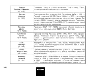 Картер
Джеймс (Джимми)
(р.1924)
Кастро
Фидель
(р.1926)
Кеннеди
Джон
(1917-1963)
Клемансо
Жорж
(1841-1929)
Коль
Гельмут
(р. 1930)
Ллойд
Джорж Дэвид
(1863-1945)
Мандела
Нельсон
(р. 1918)
Президент США (1977-1981), подписал с СССР договор ОСВ-2,
организатор Кэмп-дэвидского соглашения
Председатель Гос. совета и СМ Республики Куба с 1976 г.,
Первый секретарь ЦК КП Кубы с 1965 г.; в 1953 г. возглавил
вооруженное выступление против диктаторского режима Ба­
тисты, в 1959 г. пришел к власти, премьер-министр Революци­
онного правительства Кубы (1959-1976), провозгласил своей
целью строительство социализма
Президент США (1961-1963), склонялся к более реалистиче­
скому курсу в отношениях с СССР; убит в Далласе
Премьер-министр Франции (1906-1909, 1917-1920), предсе­
датель Парижской мирной конференции (1919-1920), стре­
мился к установлению военно-политического господства
Франции в Европе
Федеральный канцлер ФРГ (1982-1998), председатель ХДС
(1973-1998), добился модернизации экономики ФРГ и объе­
динения Германии (1990)
Премьер-министр Великобритании (1916-1922), занимал ряд
министерских постов (1905-1915), внес в парламент ряд соци­
альных законов
Президент ЮАР (1994-1999 гг.), активный борец против апар­
теида, в 1964 г. приговорен к пожизненному заключению,
в 1990 г. освобожден, лауреат Нобелевской премии мира
(1993), президент Африканского национального конгресса
499
ИСТОРИЯ
 
