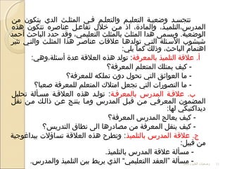 ‫من‬ ‫يتكون‬ ‫الدي‬ ‫المثللث‬ ‫فلي‬ ‫والتعللم‬ ‫التعليلم‬ ‫وضعيلة‬ ‫تتجسلد‬
‫هذه‬ ‫تتكون‬ ‫عناصره‬ ‫تفاعلل‬ ‫خل ل‬ ‫ملن‬ ‫اذ‬ ،‫والمادة‬ ،‫المدرس،التلميلذ‬
‫أحمد‬ ‫الباحث‬ ‫حدد‬ ‫وقد‬ ،‫التعليمي‬ ‫بالمثلث‬ ‫المثلث‬ ‫هدا‬ ‫ويسمى‬ .‫الوضعية‬
‫تثير‬ ‫والتلي‬ ‫المثللث‬ ‫هذا‬ ‫عناصلر‬ ‫علقا ت‬ ‫تولدهلا‬ ‫التلي‬ ‫السلئلة‬ ‫شبشوب‬
:‫يلي‬ ‫كما‬ ‫وذلك‬ ،‫الباحث‬ ‫اهتمام‬
‫بالمعرفة‬ ‫التلميذ‬ ‫علقة‬ .‫أ‬:‫أسئلة،وهي‬ ‫عدة‬ ‫العلقة‬ ‫هذه‬ ‫تولد‬ :
‫المعرفة؟‬ ‫المتعلم‬ ‫يمتلك‬ ‫كيف‬ -
‫للمعرفة؟‬ ‫تملكه‬ ‫دون‬ ‫تحو ل‬ ‫التي‬ ‫العوائق‬ ‫ما‬ -
‫صعبا؟‬ ‫للمعرفة‬ ‫المتعلم‬ ‫امتلك‬ ‫تجعل‬ ‫التي‬ ‫التصورا ت‬ ‫ما‬ -
‫بالمعرفلة‬ ‫المدرس‬ ‫علقلة‬ .‫ب‬‫تحليل‬ ‫مسلألة‬ ‫العلقلة‬ ‫هذه‬ ‫توللد‬ :
‫جنقل‬ ‫ملن‬ ‫ذاللك‬ ‫علن‬ ‫ينتلج‬ ‫وملا‬ ‫المدرس‬ ‫قبلل‬ ‫ملن‬ ‫المعرفلي‬ ‫المضمون‬
:‫لها‬ ‫ديداكتيكي‬
‫المعرفة؟‬ ‫المدرس‬ ‫يعالج‬ ‫كيف‬ -
‫التدريس؟‬ ‫جنطاق‬ ‫الى‬ ‫مصادرها‬ ‫من‬ ‫المعرفة‬ ‫ينقل‬ ‫كيف‬ -
.‫ج‬‫بالتلميذ‬ ‫المدرس‬ ‫علقة‬‫بيداغوجية‬ ‫تساؤل ت‬ ‫العلقة‬ ‫هذه‬ ‫وتطرح‬ :
:‫قبيل‬ ‫من‬
.‫بالتلميذ‬ ‫المدرس‬ ‫علقة‬ ‫مسألة‬ -
.‫والمدرس‬ ‫التلميذ‬ ‫بين‬ ‫يربط‬ ‫الذي‬ “‫االتعليمي‬ ‫”العقد‬ ‫مسألة‬ -‫والتعلم‬ ‫العليم‬ ‫وضعيات‬ 11
 