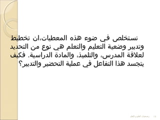‫تخطيط‬ ‫المعطيات،ان‬ ‫هذه‬ ‫ضوء‬ ‫ففي‬ ‫نسفتخلص‬
‫التحديد‬ ‫من‬ ‫نوع‬ ‫هي‬ ‫والتعلم‬ ‫التعليم‬ ‫وضعية‬ ‫وتدبير‬
‫فكيف‬ .‫الدراسية‬ ‫والمادة‬ ،‫والتلميذ‬ ،‫المدرس‬ ‫لعلاقة‬
‫والتدبير؟‬ ‫التحضير‬ ‫عملية‬ ‫في‬ ‫التفاعل‬ ‫هذا‬ ‫يتجسد‬
‫والتعلم‬ ‫العليم‬ ‫وضعيات‬ 14
 
