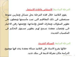 ‫المرحلة‬‫السادسة‬::‫الستثمار‬ ‫واعادة‬ ‫الستئناس‬
‫متنوعة‬ ‫وتماريلن‬ ‫مسلائل‬ ‫بحلل‬ ‫المرحللة‬ ‫هذه‬ ‫خل ل‬ ‫التلميلذ‬ ‫يقوم‬
‫على‬ ‫ويعملون‬ ‫مأسلستها‬ ‫تملت‬ ‫التلي‬ ‫المفاهيلم‬ ‫ذللك‬ ‫فلي‬ ‫مسلتعملين‬
‫الختبار‬ ‫رهن‬ ‫وواضعهلا‬ ،‫وإدماجهلا‬ ‫الفعلل‬ ‫ومعارف‬ ‫السللوكات‬ ‫تطويلر‬
‫في‬ ‫التحكلم‬ ‫مسلتوى‬ ‫بتطويلر‬ ‫لهلم‬ ‫تسلمح‬ ‫معقدة‬ ‫واضعيات‬ ‫فلي‬
.‫الجديدة‬ ‫المكتسبات‬
‫المرحلة‬‫السابعة‬: :‫الجديدة‬ ‫المسالة‬
‫مواضوع‬ ‫فيها‬ ‫يتخد‬ ‫معقدة‬ ‫مسالة‬ ‫الثلميذ‬ ‫على‬ ‫الستاذ‬ ‫يقترح‬ ‫خللها‬
.‫جديد‬ ‫سلك‬ ‫في‬ ‫قديمة‬ ‫معرفة‬ ‫مكان‬ ‫الدراسة‬
‫والتعلم‬ ‫العليم‬ ‫وضعيات‬ 22
 
