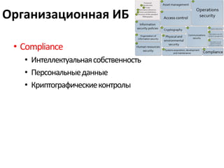Организационная ИБ
• Compliance
• Интеллектуальнаясобственность
• Персональныеданные
• Криптографическиеконтролы
 