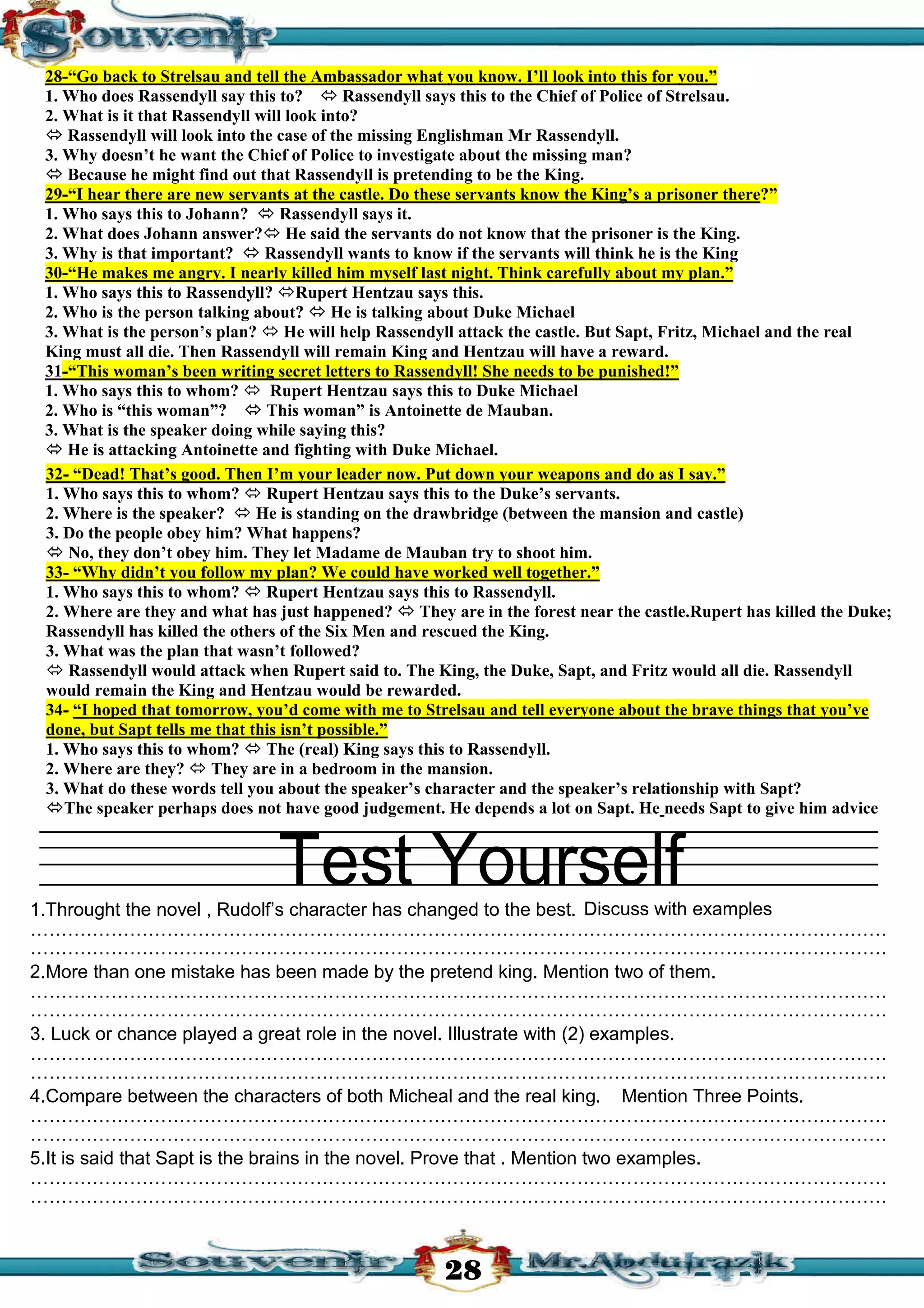 قصة سجين زندا لغة انجليزية للثانوية العامة