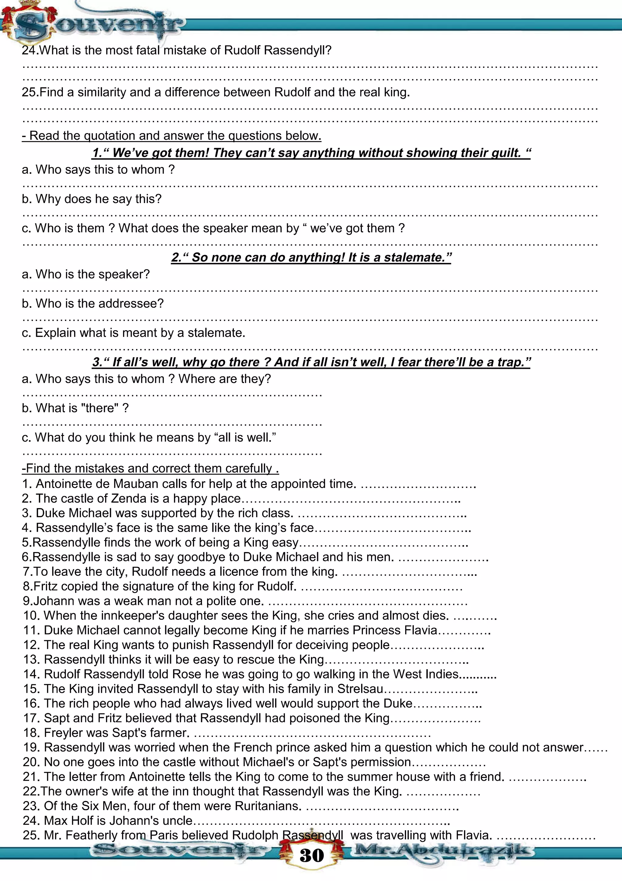 قصة سجين زندا لغة انجليزية للثانوية العامة