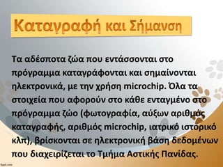 Τα αδέσποτα ζώα που εντάσσονται στο
πρόγραμμα καταγράφονται και σημαίνονται
ηλεκτρονικά, με την χρήση microchip. Όλα τα
στοιχεία που αφορούν στο κάθε ενταγμένο στο
πρόγραμμα ζώο (φωτογραφία, αύξων αριθμός
καταγραφής, αριθμός microchip, ιατρικό ιστορικό
κλπ), βρίσκονται σε ηλεκτρονική βάση δεδομένων
που διαχειρίζεται το Τμήμα Αστικής Πανίδας.
 