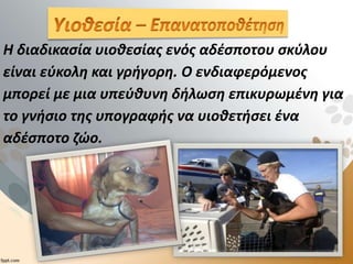 Η διαδικασία υιοθεσίας ενός αδέσποτου σκύλου
είναι εύκολη και γρήγορη. Ο ενδιαφερόμενος
μπορεί με μια υπεύθυνη δήλωση επικυρωμένη για
το γνήσιο της υπογραφής να υιοθετήσει ένα
αδέσποτο ζώο.
 