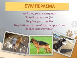 - Από τους 49 που ρωτήσαμε
- Το 92% αγαπάει τα ζώα
- Το 43% έχει κατοικίδιο
- Το 92% θεωρεί ότι τα αδέσποτα προκαλούν
προβλήματα στην πόλη
 