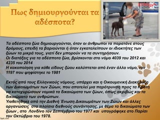 Τα αδέσποτα ζώα δημιουργούνται, όταν οι άνθρωποι τα παρατάνε στους
δρόμους, επειδή τα βαριούνται ή όταν εγκαταλείπουν οι ιδιοκτήτες των
ζώων τα μικρά τους, γιατί δεν μπορούν να τα συντηρήσουν.
Οι διατάξεις για τα αδέσποτα ζώα, βρίσκονται στο νόμο 4039 του 2012 και
4235 του 2014
Η κακοποίηση για κάθε είδους ζώου καλύπτεται από έναν άλλο νόμο, τον
1197 που ψηφίστηκε το 1981
Εκτός από τους Ελληνικούς νόμους, υπάρχει και η Οικουμενική Διακήρυξη
των Δικαιωμάτων των Ζώων, που αποτελεί μια παρότρυνση προς τα Κράτη
να κατοχυρώσουν νομικά τα δικαιώματα των ζώων, όπως ακριβώς και τα
δικαιώματα των ανθρώπων.
Υιοθετήθηκε από την Διεθνή Ένωση Δικαιωμάτων των Ζώων και άλλες
οργανώσεις στα πλαίσια διεθνούς συνάντησης, με θέμα τα δικαιώματα των
ζώων , στο Λονδίνο τον Σεπτέμβριο του 1977 και υπογράφηκε στο Παρίσι
τον Οκτώβριο του 1978.
 