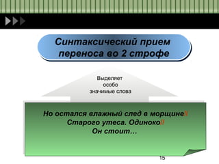 15
Синтаксический прием
переноса во 2 строфе
Синтаксический прием
переноса во 2 строфе
Выделяет
особо
значимые слова
Но остался влажный след в морщине//
Старого утеса. Одиноко//
Он стоит…
Но остался влажный след в морщине//
Старого утеса. Одиноко//
Он стоит…
 