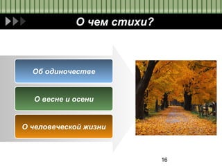16
О чем стихи?
Об одиночестве
О весне и осени
О человеческой жизни
 