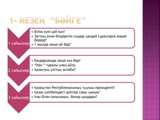 1 сайыскер
• Білім күні қай күн?
• Заттың атын білдіретін сөздер қандай сұрақтарға жауап
береді?
• 1 жылда неше ай бар?
2 сайыскер
• Бағдаршамда неше көз бар?
• “Нан “ туралы өлең айту.
• Қазақтың ұлттық аспабы?
3 сайыскер
• Қазақстан Республикасының тұңғыш президенті?
• Қазақ әліпбиіндегі әріптер саны қанша?
• Ұлы Отан соғысының батыр қыздары?
 
