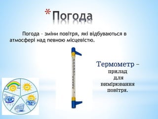 Погода – зміни повітря, які відбуваються в
атмосфері над певною місцевістю.
Термометр –
прилад
для
вимірювання
повітря.
 