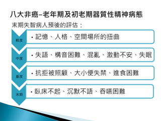末期失智病人預後的評估：
輕度
•記憶、人格、空間場所的扭曲
中度
•失語、構音困難、混亂、激動不安、失眠
重度
•抗拒被照顧、大小便失禁、進食困難
末期
•臥床不起、沉默不語、吞嚥困難
 