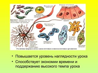 • Повышается уровень наглядности урока
• Способствует экономии времени и
поддержанию высокого темпа урока
 