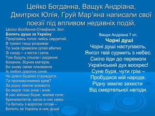 Цейко Богданна, Ващук Андріана,Цейко Богданна, Ващук Андріана,
Дмитрюк Юлія, Груй МарДмитрюк Юлія, Груй Мар’яна написали свої’яна написали свої
поезії під впливом недавніх подій.поезії під впливом недавніх подій.
Цейко Богданна-Стефанія, 5кл.Цейко Богданна-Стефанія, 5кл.
Болить душа за УкраїнуБолить душа за Україну
Прорізавсь голос чийсь сердитий,Прорізавсь голос чийсь сердитий,
В тумані тишу розриваєВ тумані тишу розриває
То знов привезли дітей вбитихТо знов привезли дітей вбитих
Зі сходу – з міста і села.Зі сходу – з міста і села.
Тож будуть сльози і риданняТож будуть сльози і ридання
Коханих, бідних матерів,Коханих, бідних матерів,
Бо знову свіже похованняБо знову свіже поховання
Їх любих дорогих синів.Їх любих дорогих синів.
Чи довго будемо страждати,Чи довго будемо страждати,
Та проливатимемо кров?Та проливатимемо кров?
За рідну землю воювати,За рідну землю воювати,
Бо ворог лізе знов і знов.Бо ворог лізе знов і знов.
В нас військо бідне, майже голе.В нас військо бідне, майже голе.
Бронежилетів, касок в них нема.Бронежилетів, касок в них нема.
Та битись з ворогом готові –Та битись з ворогом готові –
Болить за Україну в них душаБолить за Україну в них душа
Ващук Андріана 7 кл.
Чорні душі
Чорні душі наступають,
Янгол твій сурмить з небес.
Сміло йди до перемоги
Український дух воскрес!
Суне буря, чути грім –
Пробудися мій народе.
Рідну землю захисти
Від смертельної негоди.
 