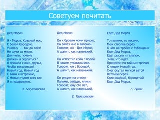 Советуем почитать
Дед Мороз
Я - Мороз, Красный нос,
С белой бородою.
Ущипну — так до слёз!
Не шути со мною.
Для чего, почему
Должен я сердиться?
Я пришёл к вам, друзья,
Чтобы веселиться!
Новый год, Новый год
С вами я встречаю,
С Новым годом всех вас
Я и поздравляю.
Э. Богуславская
Дед Мороз
Он к бровям моим прирос,
Он залез мне в валенки.
Говорят, он - Дед Мороз,
А шалит, как маленький.
Он испортил кран с водой
В нашем умывальнике.
Говорят, он с бородой,
А шалит, как маленький.
Он рисует на стекле
Пальмы, звёзды, ялики.
Говорят, ему сто лет,
А шалит, как маленький.
Е. Тараховская
Едет Дед Мороз
То полями, то лесами,
Меж стволов берёз
К нам на тройке с бубенцами
Едет Дед Мороз.
Едет рысью и галопом,
Зная, что идёт
Прямиком по тайным тропам
К людям Новый год.
Снег окутал мягкой ватой
Веточки берёз...
Краснощёкий, бородатый
Едет Дед Мороз.
Г. Тукаи
 