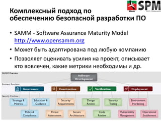 Комплексный подход по
обеспечению безопасной разработки ПО
• SAMM - Software Assurance Maturity Model
http://www.opensamm.org
• Может быть адаптирована под любую компанию
• Позволяет оценивать усилия на проект, описывает
кто вовлечен, какие метрики необходимы и др.
 