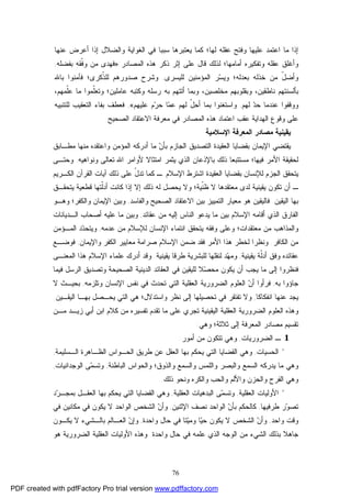 76
‫ﻋﻠﻴﻬﺎ‬ ‫ﺍﻋﺘﻤﺩ‬ ‫ﻤﺎ‬ ‫ﺇﺫﺍ‬‫ﺍﻟﻐﻭﺍﻴﺔ‬ ‫ﻓﻲ‬ ‫ﺴﺒﺒﺎ‬ ‫ﻴﻌﺘﺒﺭﻫﺎ‬ ‫ﻜﻤﺎ‬ ‫ﻟﻬﺎ؛‬ ‫ﻋﻘﻠﻪ‬ ‫ﻭﻓﺘﺢ‬‫ﻋﻨﻬﺎ‬ ‫ﺃﻋﺭﺽ‬ ‫ﺇﺫﺍ‬ ‫ﻭﺍﻟﻀﻼل‬
‫ﻋﻘﻠﻪ‬ ‫ﻭﺃﻏﻠﻕ‬‫ﻭﺘﻔﻜﻴﺭ‬‫ﺫﻜﺭ‬ ‫ﺇﺜﺭ‬ ‫ﻋﻠﻰ‬ ‫ﻗﺎل‬ ‫ﻟﺫﻟﻙ‬ ‫ﺃﻤﺎﻤﻬﺎ؛‬ ‫ﻩ‬‫ﺍﻟﻤﺼﺎﺩﺭ‬ ‫ﻫﺫﻩ‬:»‫ﺒﻔﻀﻠﻪ‬ ‫ﹼﻘﻪ‬‫ﻓ‬‫ﻭ‬ ‫ﻤﻥ‬ ‫ﻓﻬﺩﻯ‬,
‫ﻟﻠﻴﺴﺭﻯ‬ ‫ﺍﻟﻤﺅﻤﻨﻴﻥ‬ ‫ﺭ‬‫ﺴ‬‫ﻭﻴ‬ ‫ﺒﻌﺩﻟﻪ؛‬ ‫ﺨﺫﻟﻪ‬ ‫ﻤﻥ‬ ّ‫ل‬‫ﻭﺃﻀ‬,‫ﺒﺎﷲ‬ ‫ﻓﺂﻤﻨﻭﺍ‬ ‫ﹼﻜﺭﻯ؛‬‫ﺫ‬‫ﻟﻠ‬ ‫ﺼﺩﻭﺭﻫﻡ‬ ‫ﻭﺸﺭﺡ‬
‫ﺒﺄ‬،‫ﹼﻤﻬﻡ‬‫ﻠ‬‫ﻋ‬ ‫ﻤﺎ‬ ‫ﹼﻤﻭﺍ‬‫ﻠ‬‫ﻭﺘﻌ‬ ‫ﻋﺎﻤﻠﻴﻥ؛‬ ‫ﻭﻜﺘﺒﻪ‬ ‫ﺭﺴﻠﻪ‬ ‫ﺒﻪ‬ ‫ﺃﺘﺘﻬﻡ‬ ‫ﻭﺒﻤﺎ‬ ،‫ﻤﺨﻠﺼﻴﻥ‬ ‫ﻭﺒﻘﻠﻭﺒﻬﻡ‬ ،‫ﻨﺎﻁﻘﻴﻥ‬ ‫ﻟﺴﻨﺘﻬﻡ‬
‫ﻟﻬﻡ‬ ‫ﺩ‬‫ﺤ‬ ‫ﻋﻨﺩﻤﺎ‬ ‫ﻭﻭﻗﻔﻭﺍ‬,‫ﻋﻠﻴﻬﻡ‬ ‫ﻡ‬‫ﺭ‬‫ﺤ‬ ‫ﺎ‬‫ﻤ‬‫ﻋ‬ ‫ﻟﻬﻡ‬ ّ‫ل‬‫ﺃﺤ‬ ‫ﺒﻤﺎ‬ ‫ﻭﺍﺴﺘﻐﻨﻭﺍ‬«,‫ﺒ‬ ‫ﻓﻌﻁﻑ‬‫ﻔﺎﺀ‬‫ﺍﻟﺘﻌﻘﻴﺏ‬‫ﻟﻠﺘﻨﺒﻴﻪ‬
‫ﺍﻟﺼﺤﻴﺢ‬ ‫ﺍﻻﻋﺘﻘﺎﺩ‬ ‫ﻤﻌﺭﻓﺔ‬ ‫ﻓﻲ‬ ‫ﺍﻟﻤﺼﺎﺩﺭ‬ ‫ﻫﺫﻩ‬ ‫ﺍﻋﺘﻤﺎﺩ‬ ‫ﻋﻘﺏ‬ ‫ﺍﻟﻬﺩﺍﻴﺔ‬ ‫ﻭﻗﻭﻉ‬ ‫ﻋﻠﻰ‬.
‫ﻴﻘﻴﻨﻴﺔ‬‫ﻤﺼﺎﺩﺭ‬‫ﺍﻟﻤﻌﺭﻓﺔ‬‫ﺍﻹﺴﻼﻤﻴﺔ‬
‫ﺍﻟﻌﻘﻴﺩﺓ‬ ‫ﺒﻘﻀﺎﻴﺎ‬ ‫ﺍﻹﻴﻤﺎﻥ‬ ‫ﻴﻘﺘﻀﻲ‬‫ﺍﻟﺘﺼﺩﻴﻕ‬‫ﺍﻟﺠﺎﺯﻡ‬‫ﻤﺎ‬ ‫ﻥ‬‫ﺒﺄ‬‫ﺃﺩﺭﻜﻪ‬‫ﺍﻟﻤﺅﻤﻥ‬‫ﻭ‬‫ﺍﻋﺘﻘﺩﻩ‬‫ﻤﻁـﺎﺒﻕ‬ ‫ﻤﻨﻬﺎ‬
‫ﺒﺎﻹﺫﻋﺎﻥ‬ ‫ﺫﻟﻙ‬ ‫ﻤﺴﺘﺘﺒﻌﺎ‬ ‫ﻓﻴﻬﺎ؛‬ ‫ﺍﻷﻤﺭ‬ ‫ﻟﺤﻘﻴﻘﺔ‬‫ﺍﻤﺘﺜﺎﻻ‬ ‫ﻴﺜﻤﺭ‬ ‫ﺍﻟﺫﻱ‬‫ﺍﷲ‬ ‫ﻷﻭﺍﻤﺭ‬‫ﻭﻨﻭﺍﻫﻴﻪ‬ ‫ﺘﻌﺎﻟﻰ‬.‫ﻭﺤﺘـﻰ‬
‫ﺍﻟﺠﺯﻡ‬ ‫ﻴﺘﺤﻘﻕ‬‫ﺒﻘﻀﺎ‬ ‫ﻟﻺﻨﺴﺎﻥ‬‫ﺘ‬ ‫ﻜﻤﺎ‬ ‫ـ‬ ‫ﺍﻹﺴﻼﻡ‬ ‫ﺍﺸﺘﺭﻁ‬ ‫ﺍﻟﻌﻘﻴﺩﺓ‬ ‫ﻴﺎ‬ّ‫ل‬‫ﺩ‬‫ﺁﻴﺎﺕ‬ ‫ﺫﻟﻙ‬ ‫ﻋﻠﻰ‬‫ﺍﻟﻜـﺭﻴ‬ ‫ﺍﻟﻘﺭﺁﻥ‬‫ﻡ‬
‫ﺘﻜﻭﻥ‬ ‫ﺃﻥ‬ ‫ـ‬‫ﻴﻘﻴﻨﻴﺔ‬‫ﹼﻴﺔ؛‬‫ﻨ‬‫ﻅ‬ ‫ﻻ‬ ‫ﻤﻌﺘﻘﺩﻫﺎ‬ ‫ﻟﺩﻯ‬‫ﹼﺘﻬﺎ‬‫ﻟ‬‫ﺃﺩ‬ ‫ﻜﺎﻨﺕ‬ ‫ﺇﺫﺍ‬ ‫ﺇﻻ‬ ‫ﺫﻟﻙ‬ ‫ﻟﻪ‬ ‫ﻴﺤﺼل‬ ‫ﻭﻻ‬‫ﻴﺘﺤﻘـﻕ‬ ‫ﻗﻁﻌﻴﺔ‬
‫ﺍﻟﻴﻘﻴﻥ‬ ‫ﺒﻬﺎ‬.‫ﺍﻟﺘﻤﻴﻴﺯ‬ ‫ﻤﻌﻴﺎﺭ‬ ‫ﻫﻭ‬ ‫ﻓﺎﻟﻴﻘﻴﻥ‬‫ﺍﻟ‬ ‫ﺍﻻﻋﺘﻘﺎﺩ‬ ‫ﺒﻴﻥ‬‫ﻭ‬ ‫ﺼﺤﻴﺢ‬‫ﺍﻟﻔﺎﺴﺩ‬,‫ﻭﺒﻴﻥ‬‫ﺍﻹﻴﻤﺎﻥ‬‫ﻭﺍﻟﻜﻔﺭ‬‫؛‬‫ﻭﻫـﻭ‬
‫ﺇﻟﻴﻪ‬ ‫ﺍﻟﻨﺎﺱ‬ ‫ﻴﺩﻋﻭ‬ ‫ﻤﺎ‬ ‫ﺒﻴﻥ‬ ‫ﺍﻹﺴﻼﻡ‬ ‫ﺃﻗﺎﻤﻪ‬ ‫ﺍﻟﺫﻱ‬ ‫ﺍﻟﻔﺎﺭﻕ‬‫ﻋﻘﺎﺌﺩ‬ ‫ﻤﻥ‬,‫ﻋﻠﻴﻪ‬ ‫ﻤﺎ‬ ‫ﻭﺒﻴﻥ‬‫ﺃﺼﺤ‬‫ﺍﻟـﺩﻴﺎﻨﺎﺕ‬ ‫ﺎﺏ‬
‫ﻤﻌﺘﻘﺩﺍﺕ؛‬ ‫ﻤﻥ‬ ‫ﻭﺍﻟﻤﺫﺍﻫﺏ‬‫ﺍﻹﻨﺴﺎﻥ‬ ‫ﺍﻨﺘﻤﺎﺀ‬ ‫ﻴﺘﺤﻘﻕ‬ ‫ﻭﻓﻘﻪ‬ ‫ﻭﻋﻠﻰ‬‫ﻤ‬ ‫ﻟﻺﺴﻼﻡ‬‫ﻋﺩﻤﻪ‬ ‫ﻥ‬,‫ﺍﻟﻤـﺅﻤﻥ‬ ‫ﺩ‬‫ﺩ‬‫ﻭﻴﺘﺤ‬
‫ﺍﻟﻜﺎﻓﺭ‬ ‫ﻤﻥ‬.‫ﻭﺍﻹﻴﻤﺎﻥ‬ ‫ﺍﻟﻜﻔﺭ‬ ‫ﻤﻌﺎﻴﻴﺭ‬ ‫ﺼﺭﺍﻤﺔ‬ ‫ﺍﻹﺴﻼﻡ‬ ‫ﻀﻤﻥ‬ ‫ﻓﻘﺩ‬ ‫ﺍﻷﻤﺭ‬ ‫ﻫﺫﺍ‬ ‫ﻟﺨﻁﺭ‬ ‫ﻭﻨﻅﺭﺍ‬,‫ﻓﻭﻀـﻊ‬
‫ﻴﻘﻴﻨﻴﺔ‬ ‫ﹼﺔ‬‫ﻟ‬‫ﺃﺩ‬ ‫ﻭﻓﻕ‬ ‫ﻋﻘﺎﺌﺩﻩ‬,‫ﻴ‬ ‫ﻁﺭﻗﺎ‬ ‫ﻟﻠﺒﺸﺭﻴﺔ‬ ‫ﻟﻨﻘﻠﻬﺎ‬ ‫ﺩ‬‫ﻬ‬‫ﻭﻤ‬‫ﻘﻴﻨﻴﺔ‬.‫ﺃﺩﺭﻙ‬ ‫ﻭﻗﺩ‬‫ﺍﻟﻤﻌﻨـﻰ‬ ‫ﻫﺫﺍ‬ ‫ﺍﻹﺴﻼﻡ‬ ‫ﻋﻠﻤﺎﺀ‬
‫ﻴﺠﺏ‬ ‫ﻤﺎ‬ ‫ﺇﻟﻰ‬ ‫ﻓﻨﻅﺭﻭﺍ‬‫ﻓﻴﻤﺎ‬ ‫ﺍﻟﺭﺴل‬ ‫ﻭﺘﺼﺩﻴﻕ‬ ‫ﺍﻟﺼﺤﻴﺤﺔ‬ ‫ﺍﻟﺩﻴﻨﻴﺔ‬ ‫ﺍﻟﻌﻘﺎﺌﺩ‬ ‫ﻓﻲ‬ ‫ﻟﻠﻴﻘﻴﻥ‬ ‫ﻼ‬‫ﺼ‬‫ﻤﺤ‬ ‫ﻴﻜﻭﻥ‬ ‫ﺃﻥ‬
‫ﺒﻪ‬ ‫ﺠﺎﺅﻭﺍ‬,‫ﺍﻟﻀﺭﻭﺭﻴﺔ‬ ‫ﺍﻟﻌﻠﻭﻡ‬ ‫ﻥ‬‫ﺃ‬ ‫ﻓﺭﺃﻭﺍ‬‫ﺍﻟﻌﻘﻠﻴﺔ‬‫ﺍﻹﻨﺴﺎﻥ‬ ‫ﻨﻔﺱ‬ ‫ﻓﻲ‬ ‫ﺘﺤﺩﺙ‬ ‫ﺍﻟﺘﻲ‬‫ﻭﺘﻠﺯﻤﻪ‬,‫ﻻ‬ ‫ﺒﺤﻴـﺙ‬
‫ﺍﻨﻔﻜﺎﻜﺎ‬ ‫ﻋﻨﻬﺎ‬ ‫ﻴﺠﺩ‬,‫ﻨﻅ‬ ‫ﺇﻟﻰ‬ ‫ﺘﺤﺼﻴﻠﻬﺎ‬ ‫ﻓﻲ‬ ‫ﺘﻔﺘﻘﺭ‬ ‫ﻭﻻ‬‫ﻭﺍﺴﺘﺩﻻل؛‬ ‫ﺭ‬‫ﺍﻟﻴﻘـﻴﻥ‬ ‫ﺒﻬـﺎ‬ ‫ﻴﺤـﺼل‬ ‫ﺍﻟﺘﻲ‬ ‫ﻫﻲ‬.
‫ﺍﻟﻀﺭﻭﺭﻴﺔ‬ ‫ﺍﻟﻌﻠﻭﻡ‬ ‫ﻭﻫﺫﻩ‬‫ﺍﻟﻌﻘﻠﻴﺔ‬‫ﺍﻟﻴﻘﻴﻨﻴﺔ‬‫ﻤـﻥ‬ ‫ﺯﻴـﺩ‬ ‫ﺃﺒﻲ‬ ‫ﺍﺒﻥ‬ ‫ﻜﻼﻡ‬ ‫ﻤﻥ‬ ‫ﺘﻔﺴﻴﺭﻩ‬ ‫ﺘﻘﺩﻡ‬ ‫ﻤﺎ‬ ‫ﻋﻠﻰ‬ ‫ﺘﺠﺭﻱ‬
‫ﻭ‬ ‫ﺜﻼﺜﺔ؛‬ ‫ﺇﻟﻰ‬ ‫ﺍﻟﻤﻌﺭﻓﺔ‬ ‫ﻤﺼﺎﺩﺭ‬ ‫ﺘﻘﺴﻴﻡ‬‫ﻫﻲ‬:
1‫ـ‬‫ﺍﻟﻀﺭﻭﺭﻴﺎﺕ‬,‫ﺃﻤﻭﺭ‬ ‫ﻤﻥ‬ ‫ﺘﺘﻜﻭﻥ‬ ‫ﻭﻫﻲ‬:
*‫ﺍﻟﺤﺴﻴﺎﺕ‬,‫ﺍﻟﺤـﻭﺍ‬ ‫ﻁﺭﻴﻕ‬ ‫ﻋﻥ‬ ‫ﺍﻟﻌﻘل‬ ‫ﺒﻬﺎ‬ ‫ﻴﺤﻜﻡ‬ ‫ﺍﻟﺘﻲ‬ ‫ﺍﻟﻘﻀﺎﻴﺎ‬ ‫ﻭﻫﻲ‬‫ﺍﻟﻅـﺎﻫﺭﺓ‬ ‫ﺱ‬‫ﺍﻟـﺴﻠﻴﻤﺔ‬,
‫ﻴﺩﺭﻜﻪ‬ ‫ﻤﺎ‬ ‫ﻭﻫﻲ‬‫ﻭﺍﻟﺴﻤﻊ‬ ‫ﻭﺍﻟﻠﻤﺱ‬ ‫ﻭﺍﻟﺒﺼﺭ‬ ‫ﺍﻟﺴﻤﻊ‬‫ﺍﻟﺒﺎﻁﻨﺔ‬ ‫ﻭﺍﻟﺤﻭﺍﺱ‬ ‫ﻭﺍﻟﺫﻭﻕ؛‬,‫ﺍﻟﻭﺠﺩﺍﻨﻴﺎﺕ‬ ‫ﻰ‬‫ﻤ‬‫ﻭﺘﺴ‬,
‫ﺫﻟﻙ‬ ‫ﻭﻨﺤﻭ‬ ‫ﻭﺍﻟﻜﺭﻩ‬ ‫ﻭﺍﻟﺤﺏ‬ ‫ﻭﺍﻷﻟﻡ‬ ‫ﻭﺍﻟﺤﺯﻥ‬ ‫ﺍﻟﻔﺭﺡ‬ ‫ﻭﻫﻲ‬.
*‫ﺍﻟﻌﻘﻠﻴﺔ‬ ‫ﺍﻷﻭﻟﻴﺎﺕ‬,‫ﺍﻟﻌﻘﻠﻴﺔ‬ ‫ﺍﻟﺒﺩﻫﻴﺎﺕ‬ ‫ﻰ‬‫ﻤ‬‫ﻭﺘﺴ‬,‫ﺩ‬‫ﺭ‬‫ﺒﻤﺠـ‬ ‫ﺍﻟﻌﻘـل‬ ‫ﺒﻬﺎ‬ ‫ﻴﺤﻜﻡ‬ ‫ﺍﻟﺘﻲ‬ ‫ﺍﻟﻘﻀﺎﻴﺎ‬ ‫ﻭﻫﻲ‬
‫ﻁﺭﻓﻴﻬﺎ‬ ‫ﺭ‬‫ﻭ‬‫ﺘﺼ‬,‫ﻜﺎﻟ‬‫ﺍﻹﺜﻨﻴﻥ‬ ‫ﻨﺼﻑ‬ ‫ﺍﻟﻭﺍﺤﺩ‬ ‫ﻥ‬‫ﺒﺄ‬ ‫ﺤﻜﻡ‬,‫ﻓﻲ‬ ‫ﻤﻜﺎﻨﻴﻥ‬ ‫ﻓﻲ‬ ‫ﻴﻜﻭﻥ‬ ‫ﻻ‬ ‫ﺍﻟﻭﺍﺤﺩ‬ ‫ﺍﻟﺸﺨﺹ‬ ‫ﻥ‬‫ﻭﺃ‬
‫ﻭ‬ ‫ﻭﻗﺕ‬‫ﺍﺤﺩ‬,‫ﺘﺎ‬‫ﻴ‬‫ﻭﻤ‬ ‫ﺎ‬‫ﻴ‬‫ﺤ‬ ‫ﻴﻜﻭﻥ‬ ‫ﻻ‬ ‫ﺍﻟﺸﺨﺹ‬ ‫ﻥ‬‫ﻭﺃ‬‫ﻭﺍﺤﺩﺓ‬ ‫ﺤﺎل‬ ‫ﻓﻲ‬,‫ﻴﻜـﻭﻥ‬ ‫ﻻ‬ ‫ﺒﺎﻟـﺸﻲﺀ‬ ‫ﺍﻟﻌـﺎﻟﻡ‬ ‫ﻥ‬‫ﻭﺇ‬
‫ﻭﺍﺤﺩﺓ‬ ‫ﺤﺎل‬ ‫ﻓﻲ‬ ‫ﻋﻠﻤﻪ‬ ‫ﺍﻟﺫﻱ‬ ‫ﺍﻟﻭﺠﻪ‬ ‫ﻤﻥ‬ ‫ﺍﻟﺸﻲﺀ‬ ‫ﺒﺫﻟﻙ‬ ‫ﺠﺎﻫﻼ‬.‫ﻫﻭ‬ ‫ﺍﻟﻀﺭﻭﺭﻴﺔ‬ ‫ﺍﻟﻌﻘﻠﻴﺔ‬ ‫ﺍﻷﻭﻟﻴﺎﺕ‬ ‫ﻭﻫﺫﻩ‬
PDF created with pdfFactory Pro trial version www.pdffactory.com
 