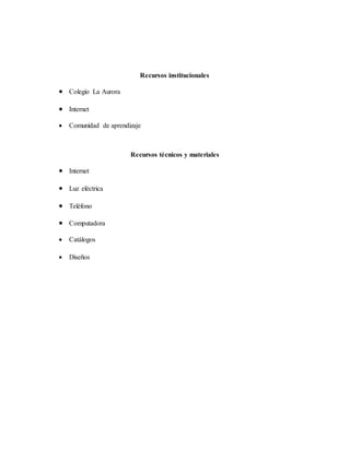 Recursos institucionales
 Colegio La Aurora
 Internet
 Comunidad de aprendizaje
Recursos técnicos y materiales
 Internet
 Luz eléctrica
 Teléfono
 Computadora
 Catálogos
 Diseños
 