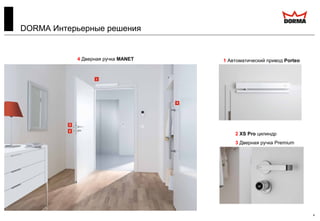 4
DORMA Интерьерные решения
1 Автоматический привод Porteo
2 XS Pro цилиндр
3 Дверная ручка Premium
4 Дверная ручка MANET
 