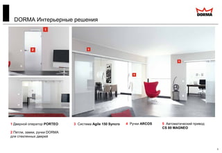 6
1 Дверной оператор PORTEO
2 Петли, замки, ручки DORMA
для стеклянных дверей
3 Система Agile 150 Syncro 4 Ручки ARCOS 5 Автоматический привод
CS 80 MAGNEO
DORMA Интерьерные решения
 