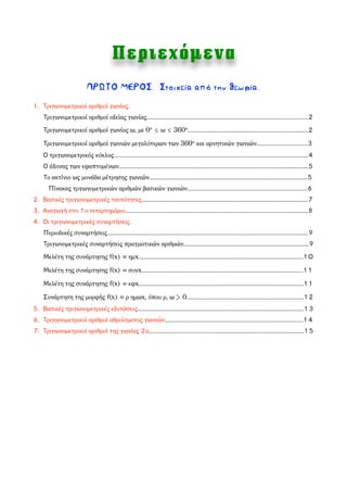 Περιεχόµενα
ΠΡΩΤΟ ΜΕΡΟΣ. Στοιχεία από την θεωρία.
1. Τριγωνομετρικοί αριθμοί γωνίας.
Τριγωνομετρικοί αριθμοί οξείας γωνίας..................................................................................................2
Τριγωνομετρικοί αριθμοί γωνίας ω, με 0° ≤ ω ≤ 360°.........................................................................2
Τριγωνομετρικοί αριθμοί γωνιών μεγαλύτερων των 360° και αρνητικών γωνιών...............................3
Ο τριγωνομετρικός κύκλος......................................................................................................................4
Ο άξονας των εφαπτομένων...................................................................................................................5
Το ακτίνιο ως μονάδα μέτρησης γωνιών................................................................................................5
Πίνακας τργωνομετρικών αριθμών βασικών γωνιών.........................................................................6
2. Βασικές τριγωνομετρικές ταυτότητες.....................................................................................................7
3. Αναγωγή στο 1ο τεταρτημόριο...............................................................................................................8
4. Οι τριγωνομετρικές συναρτήσεις.
Περιοδικές συναρτήσεις..........................................................................................................................9
Τριγωνομετρικές συναρτήσεις πραγματικών αριθμών............................................................................9
Μελέτη της συνάρτησης f(x) ημx....................................................................................................10
Μελέτη της συνάρτησης f(x) συνx..................................................................................................11
Μελέτη της συνάρτησης f(x) εφx....................................................................................................11
Συνάρτηση της μορφής f(x) ρ ημωx, όπου ρ, ω > 0.......................................................................12
5. Βασικές τριγωνομετρικές εξισώσεις.....................................................................................................13
6. Τριγωνομετρικοί αριθμοί αθροίσματος γωνιών....................................................................................14
7. Τριγωνομετρικοί αριθμοί της γωνίας 2α..............................................................................................15
 