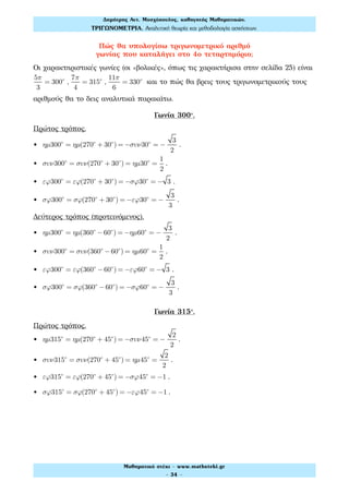Πώς θα υπολογίσω τριγωνομετρικό αριθμό
γωνίας που καταλήγει στο 4ο τεταρτημόριο;
Οι χαρακτηριστικές γωνίες (οι «βολικές», όπως τις χαρακτήρισα στην σελίδα 25) είναι
5π
3
= 300ο
,
7π
4
= 315ο
,
11π
6
= 330ο
και το πώς θα βρεις τους τριγωνομετρικούς τους
αριθμούς θα το δεις αναλυτικά παρακάτω.
Γωνία 300°.
Πρώτος τρόπος.
• ηµ300ο
= ηµ(270ο
+ 30ο
) = −συν30ο
= −
3
2
.
• συν300ο
= συν(270ο
+ 30ο
) = ηµ30ο
=
1
2
.
• εϕ300ο
= εϕ(270ο
+ 30ο
) = −σϕ30ο
= − 3 .
• σϕ300ο
= σϕ(270ο
+ 30ο
) = −εϕ30ο
= −
3
3
.
Δεύτερος τρόπος (προτεινόμενος).
• ηµ300ο
= ηµ(360ο
−60ο
) = −ηµ60ο
= −
3
2
.
• συν300ο
= συν(360ο
−60ο
) = ηµ60ο
=
1
2
.
• εϕ300ο
= εϕ(360ο
−60ο
) = −εϕ60ο
= − 3 .
• σϕ300ο
= σϕ(360ο
−60ο
) = −σϕ60ο
= −
3
3
.
Γωνία 315°.
Πρώτος τρόπος.
• ηµ315ο
= ηµ(270ο
+ 45ο
) = −συν45ο
= −
2
2
.
• συν315ο
= συν(270ο
+ 45ο
) = ηµ45ο
=
2
2
.
• εϕ315ο
= εϕ(270ο
+ 45ο
) = −σϕ45ο
= −1 .
• σϕ315ο
= σϕ(270ο
+ 45ο
) = −εϕ45ο
= −1 .
Δηµήτρης Αντ. Μοσχόπουλος, καθηγητής Μαθηµατικών.
ΤΡΙΓΩΝΟΜΕΤΡΙΑ. Αναλυτική θεωρία και µεθοδολογία ασκήσεων.
Μαθηµατικό στέκι - www.mathsteki.gr
- 34 -
 
