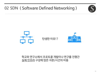 16
학교와 연구소에서 프로토콜 개발이나 연구를 진행간
실제 인프라 구성에 많은 자본/시간의 비용
02 SDN ( Software Defined Networking )
탄생한 이유!?
 