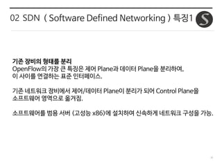 31
02 SDN ( Software Defined Networking ) 특징1
기존 장비의 형태를 분리
OpenFlow의 가장 큰 특징은 제어 Plane과 데이터 Plane을 분리하여,
이 사이를 연결하는 표준 인터페이스.
기존 네트워크 장비에서 제어/데이터 Plane이 분리가 되어 Control Plane을
소프트웨어 영역으로 옮겨짐.
소프트웨어를 범용 서버 (고성능 x86)에 설치하여 신속하게 네트워크 구성을 가능.
 