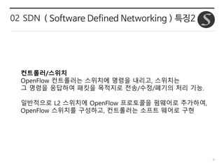 32
02 SDN ( Software Defined Networking ) 특징2
컨트롤러/스위치
OpenFlow 컨트롤러는 스위치에 명령을 내리고, 스위치는
그 명령을 응답하여 패킷을 목적지로 전송/수정/폐기의 처리 기능.
일반적으로 L2 스위치에 OpenFlow 프로토콜을 펌웨어로 추가하여,
OpenFlow 스위치를 구성하고, 컨트롤러는 소프트 웨어로 구현
 