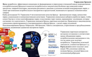 Управление брендом
Цель: разработать эффективную концепцию по формированию и укреплению отношений между (корпоративным
и потребительским) брендом и клиентом (потребителем и покупателем).Особенно при появлении новых
продуктов, товарной категории, увеличении рекламного давления и усилении позиций конкурирующих марок, а
также при изменении потребительского восприятия и предпочтений, меняющихся в процессе освоения новых
товаров.
Суть: регистрация ТЗ. Управление 4-мя компонентами качества бренда – функционалом товара, ценностями
марки, социальными и коммуникативными качествами. Управление уникальным набором атрибутов марки, чтобы
клиент быстро и точно идентифицировал марку и восстановил через знания, переживания / ассоциации, которые
составляют его идентичность. Управление имиджем бренда, марочным контрактом. Приведение к максимальному
совпадению спроектированного и воспринимаемого образов бренда – сделать марку подлинной.
Репозиционирование бренда. Ребрендинг. HR-брендинг. Работа с восприятием, стереотипами и предубеждениями
клиентов, искажающие адекватное восприятие марки.
Управление марочным контрактом -
негласное соглашение о соответствии
между обещаниями марки,
потребительскими ожиданиями и тем,
что на самом деле получает
потребитель. Управление политикой
лояльности, стоимостью бренда и т.д.
В результате клиент получает свою
новую ТМ, усиленные свойства,
позиции бренда, сильный бренд или
полноценный ребрендинг
ТОО Агентство "Маркетинг"
 