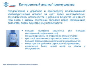 /Конкурентный анализ преимущества
ООО «Инновационная Компания Биомедстандарт»
Предлагаемый к доработке и производству малоинвазивный
криохирургический аппарат за счет своих конструктивных,
технологических особенностей и рабочего вещества (инертного
газа азота в жидком состоянии) обладает перед имеющимися
аналогами рядом существенных преимуществ:
• большей холодовой мощностью (т.е. большей
операционной эффективностью);
• меньшим временем на оперативное вмешательство;
• простотой выполнения оперативного вмешательства;
• большей безопасностью оперативного вмешательства;
• более простым рабочим и сервисным обслуживанием;
• существенно более низкой ценой на покупку и
обслуживание.
 