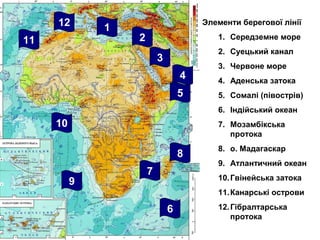 Элементи берегової лінії
1. Середземне море
2. Суецький канал
3. Червоне море
4. Аденська затока
5. Сомалі (півострів)
6. Індійський океан
7. Мозамбікська
протока
8. о. Мадагаскар
9. Атлантичний океан
10.Гвінейська затока
11.Канарські острови
12.Гібралтарська
протока
9
2
3
4
6
7
8
1
10
11
12
5
 
