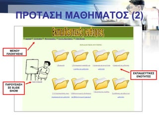 ΠΡΟΤΑΣΗ ΜΑΘΗΜΑΤΟΣ (2)
ΠΑΡΟΥΣΙΑΣΗ
ΣΕ SLIDE
SHOW
EΚΠΑΙΔΕΥΤΙΚΕΣ
ΕΝΟΤΗΤΕΣ
ΜΕΝΟΥ
ΠΛΟΗΓΗΣΗΣ
 