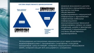 Широкие возможности доступа
физических и юридических лиц к
ресурсам системы
общественного
здравоохранения и медицинской
информации с применением
современных мобильных
информационно-
коммуникационных технологий
сформировали запрос на новую
концепцию, дизайн и архитектуру
глобальной и национальной
системы общественного
здравоохранения.
Использование дистанционных медицинских услуг через устройства
видеоконференцсвязи с применением смартфонов, планшетов,
компьютеров, средств mHealth, интернета медицинского оборудования
(IoMT), интернета вещей (IoT) расширяется с ускорением.
 