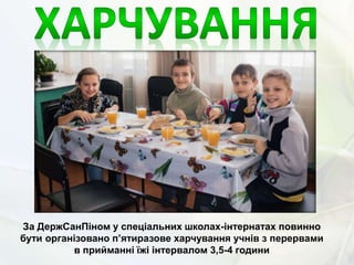 За ДержСанПіном у спеціальних школах-інтернатах повинно
бути організовано п’ятиразове харчування учнів з перервами
в прийманні їжі інтервалом 3,5-4 години
 
